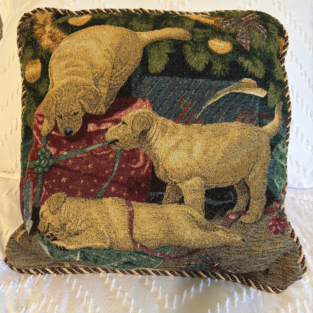 Vintage Lab Puppies Dogs Christmas Tapestry Throw Pillow By Mia Lane 16”x16”